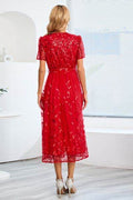 Sequin Leaf Embroidery Tie Front Short Sleeve Dress - Hovatok