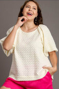 Umgee Full Size Boxy Cut Jacquard Round Neck Top with Side Slit Plus Size - Hovatok