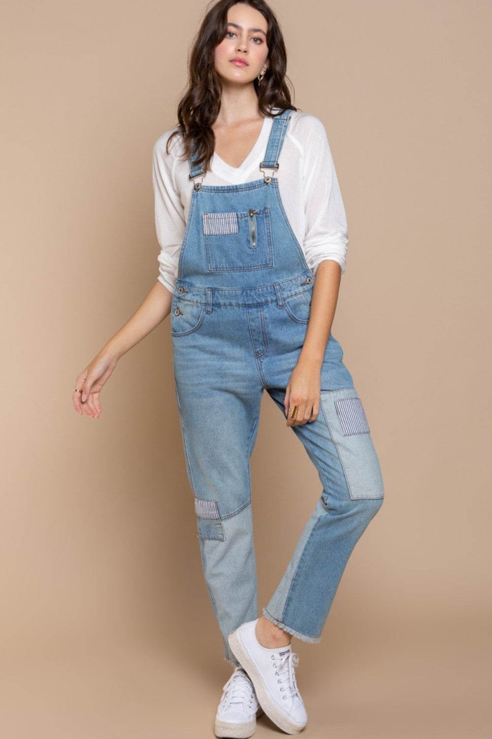POL Front Chest Zipper Slim Leg Denim Overalls - Hovatok