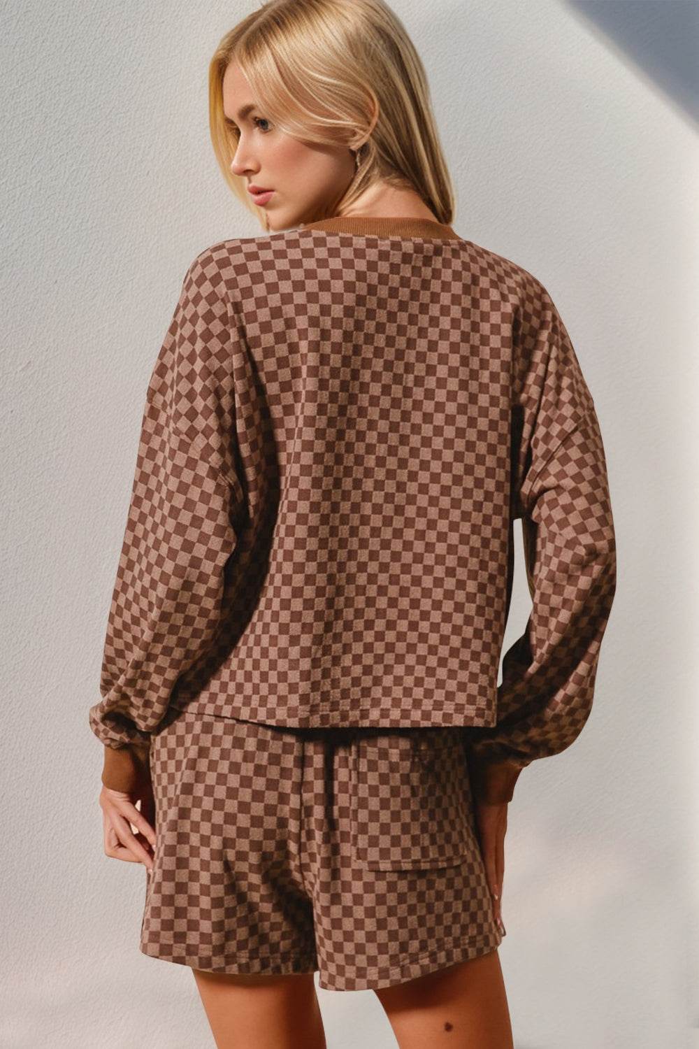 Double Take Checkered Half Button Top and Shorts Set - Hovatok