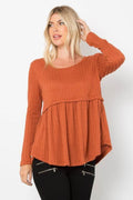 Be Stage Full Size Texture Babydoll Round Neck Long Sleeve Knit Top - Hovatok