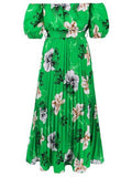Pleated Floral Off-Shoulder Short Sleeve Midi Dress - Hovatok