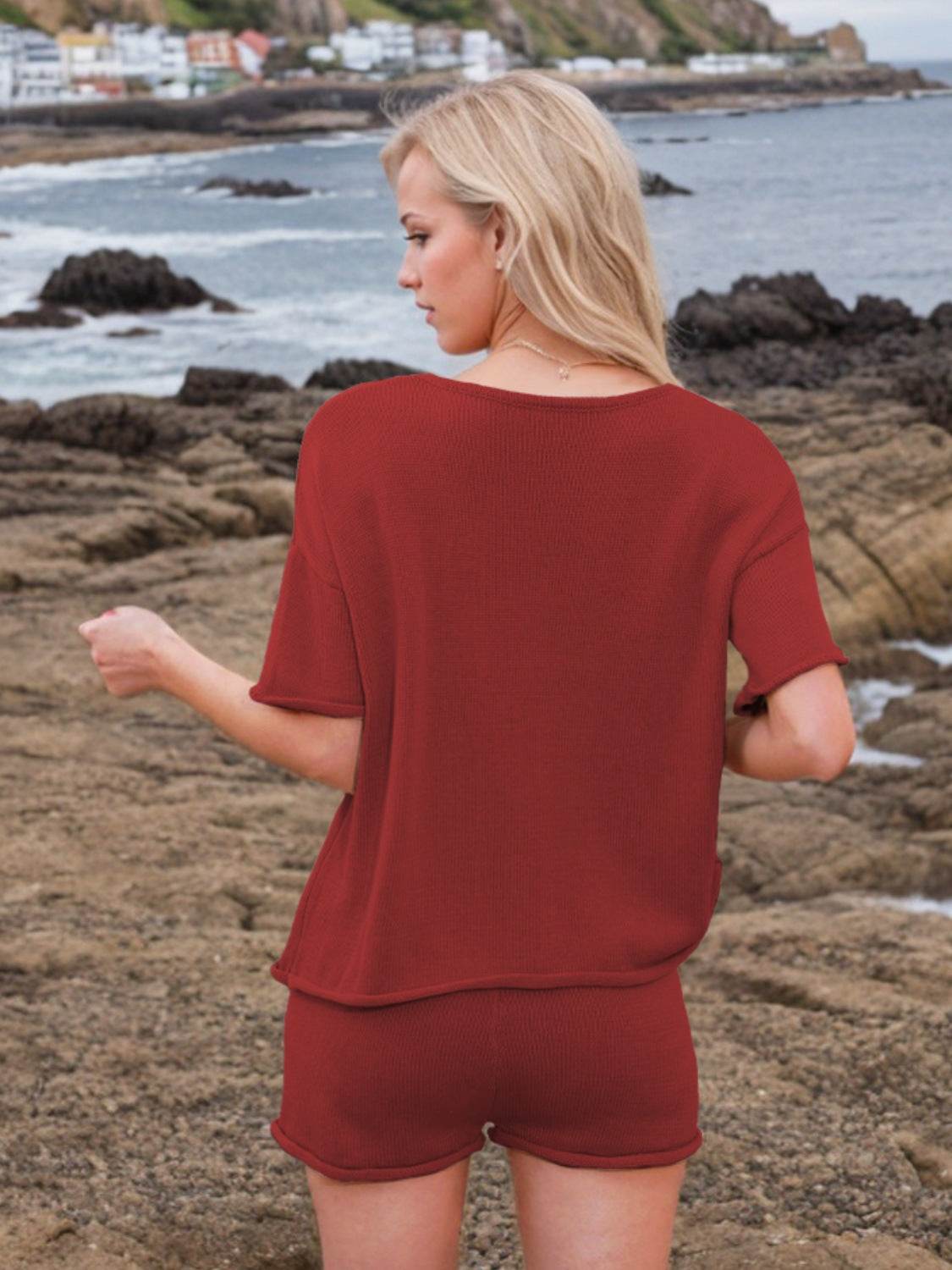 Round Neck Short Sleeve Top and Shorts Sweater Set - Hovatok