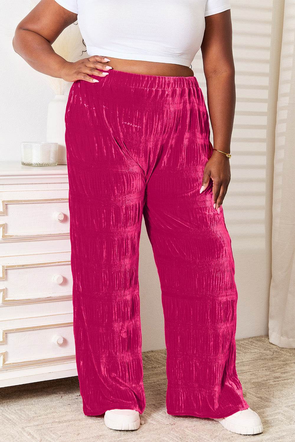 Double Take Full Size High Waist Tiered Shirring Velvet Wide Leg Pants - Hovatok