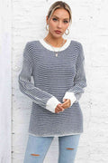 Angel Wings Striped Round Neck Long Sleeve Knit Top - Hovatok