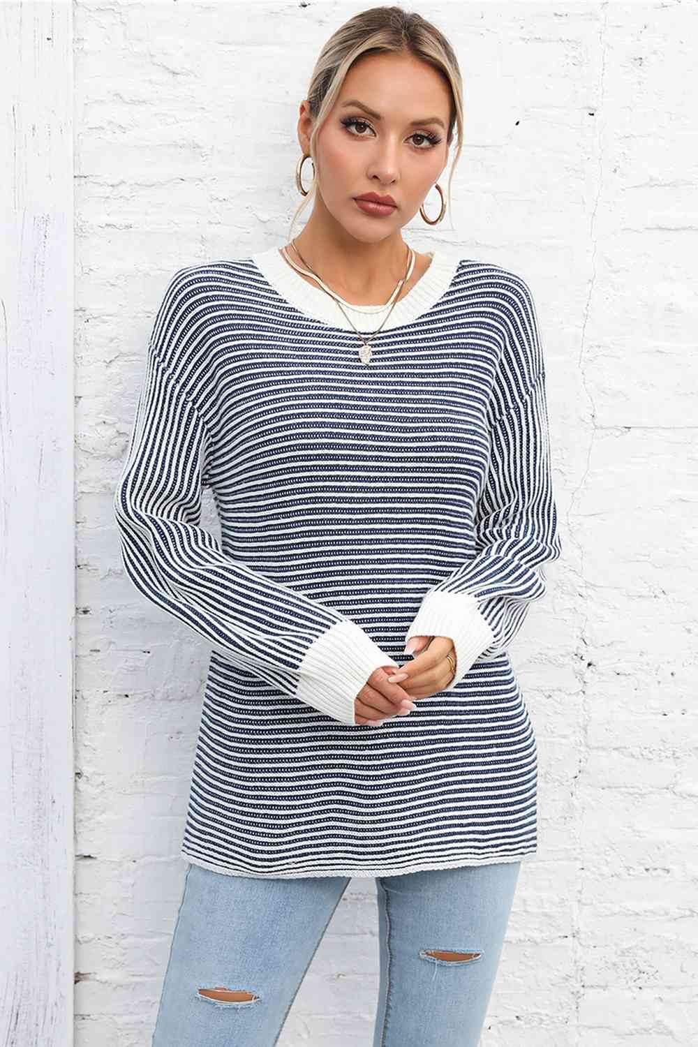 Angel Wings Striped Round Neck Long Sleeve Knit Top - Hovatok