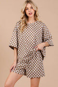 Ces Femme Checkered Round Neck Top and Shorts Set - Hovatok