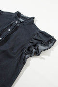 Button Down Raw Hem Ruffled Denim Shirt - Hovatok