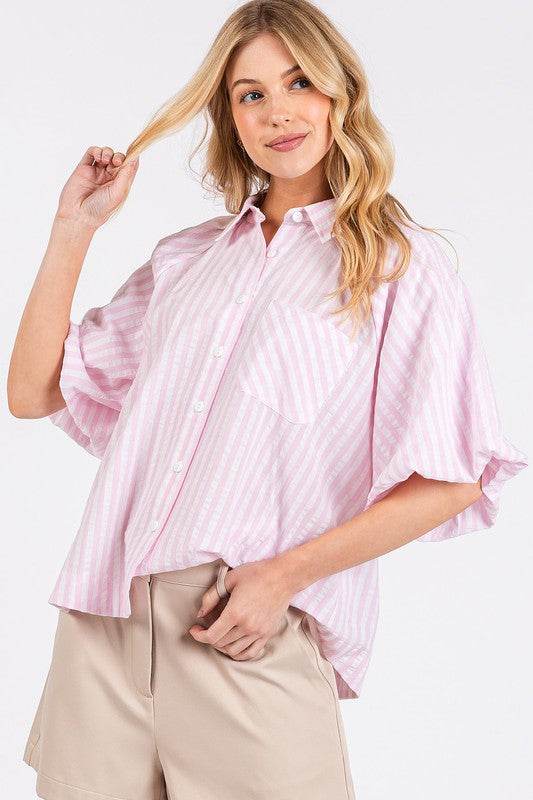 Mittoshop Button Down Striped Puff Sleeve Shirt - Hovatok