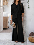 Devine Button Down Long Sleeve Top and Wide Leg Pants Set - Hovatok