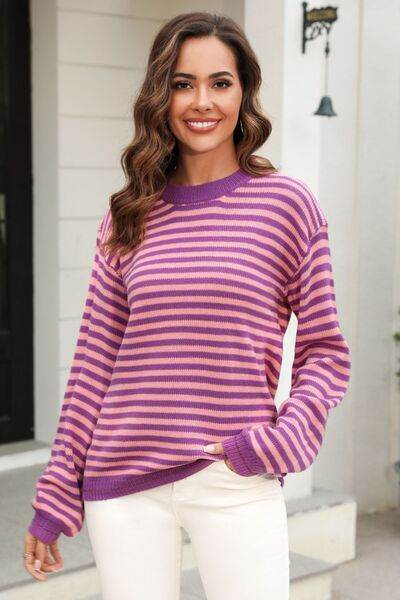 Angel Wings Striped Round Neck Dropped Shoulder Sweater - Hovatok