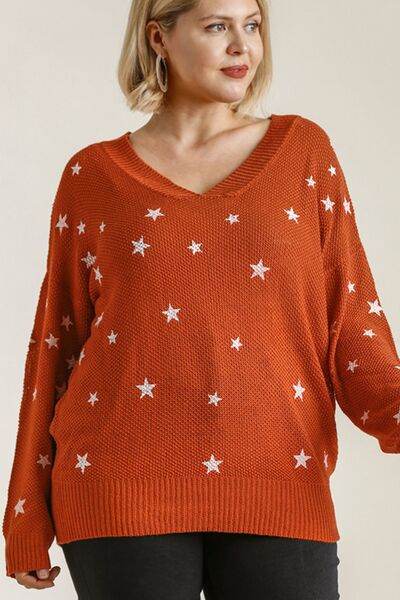 Umgee Full Size Star V-Neck Long Sleeve Sweater Plus Size - Hovatok