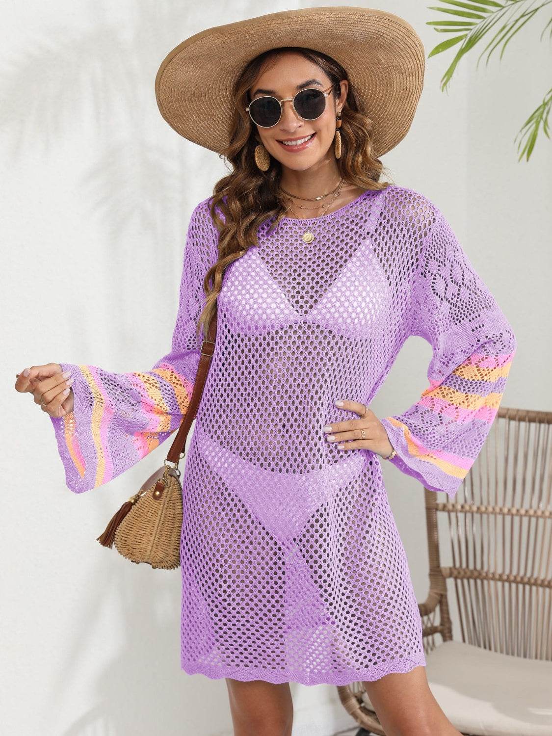 Openwork Contrast Long Sleeve Cover-Up - Hovatok