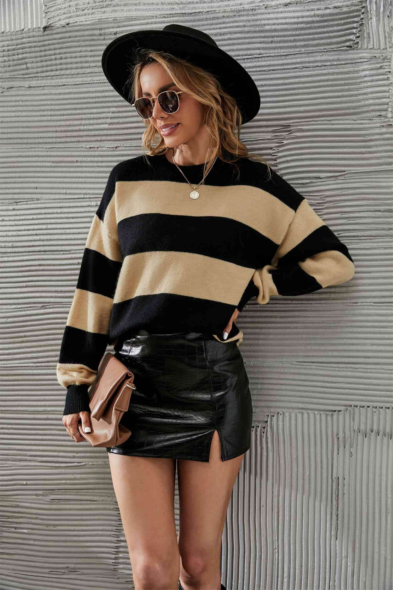 Angel Wings Two-Tone Round Neck Dropped Shoulder Sweater - Hovatok