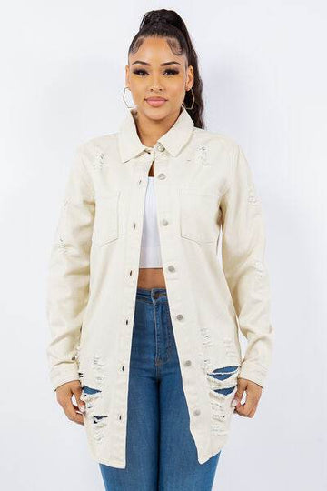American Bazi Distressed Button Up Long Sleeve Denim Jacket - Hovatok