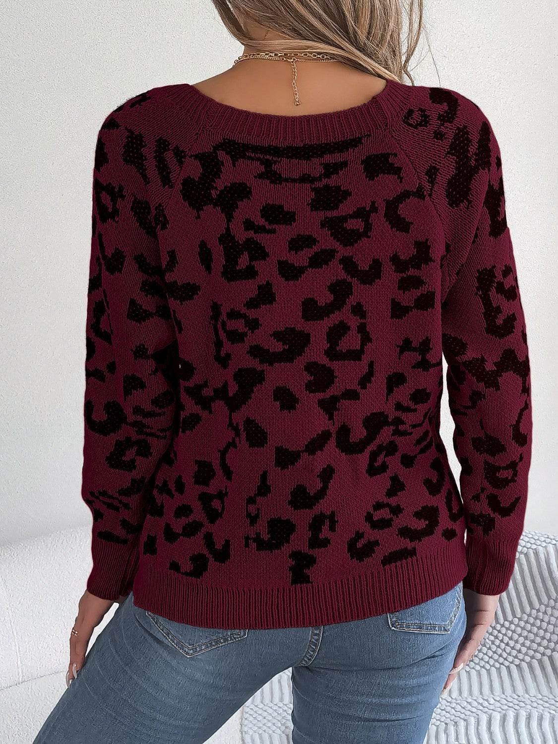 Leopard Buttoned Square Neck Sweater - Hovatok