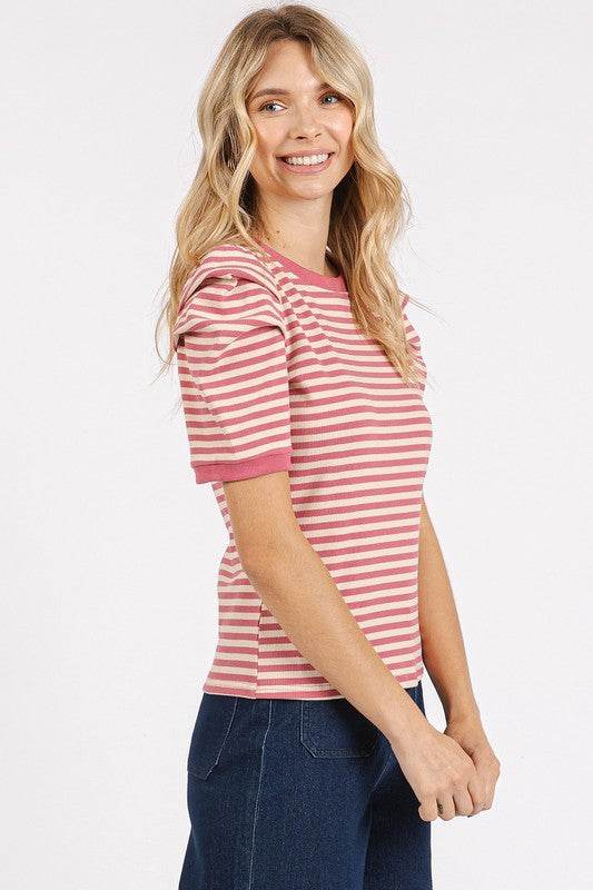 Mittoshop Striped Round Neck Puff Sleeve T-Shirt - Hovatok