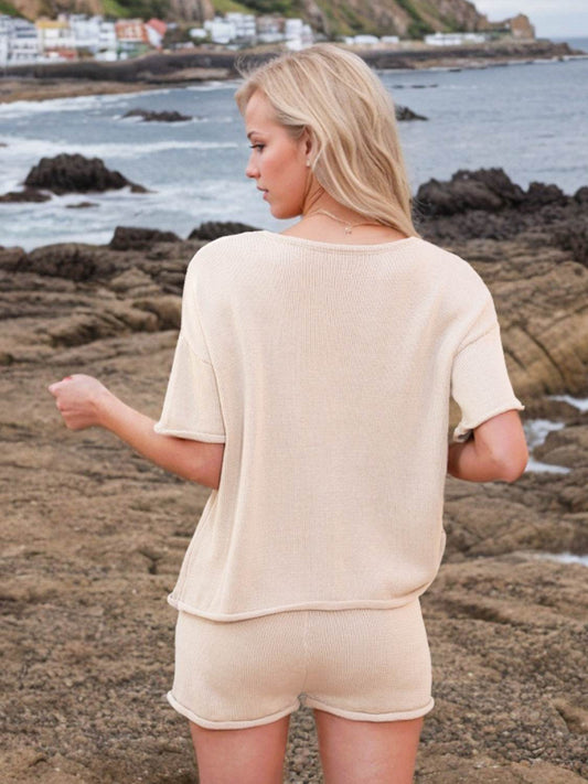 Round Neck Short Sleeve Top and Shorts Sweater Set - Hovatok
