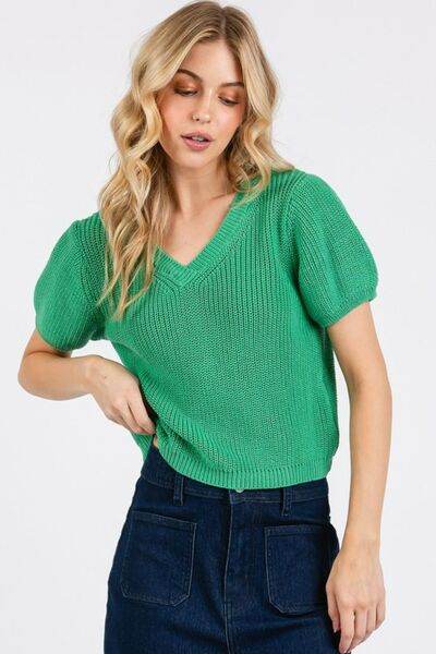 Mittoshop V-Neck Short Sleeve Crop Sweater - Hovatok