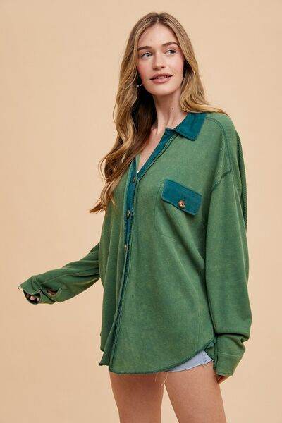 Annie Wear Waffle-Knit Mineral Washed Button Down Shirt - Hovatok