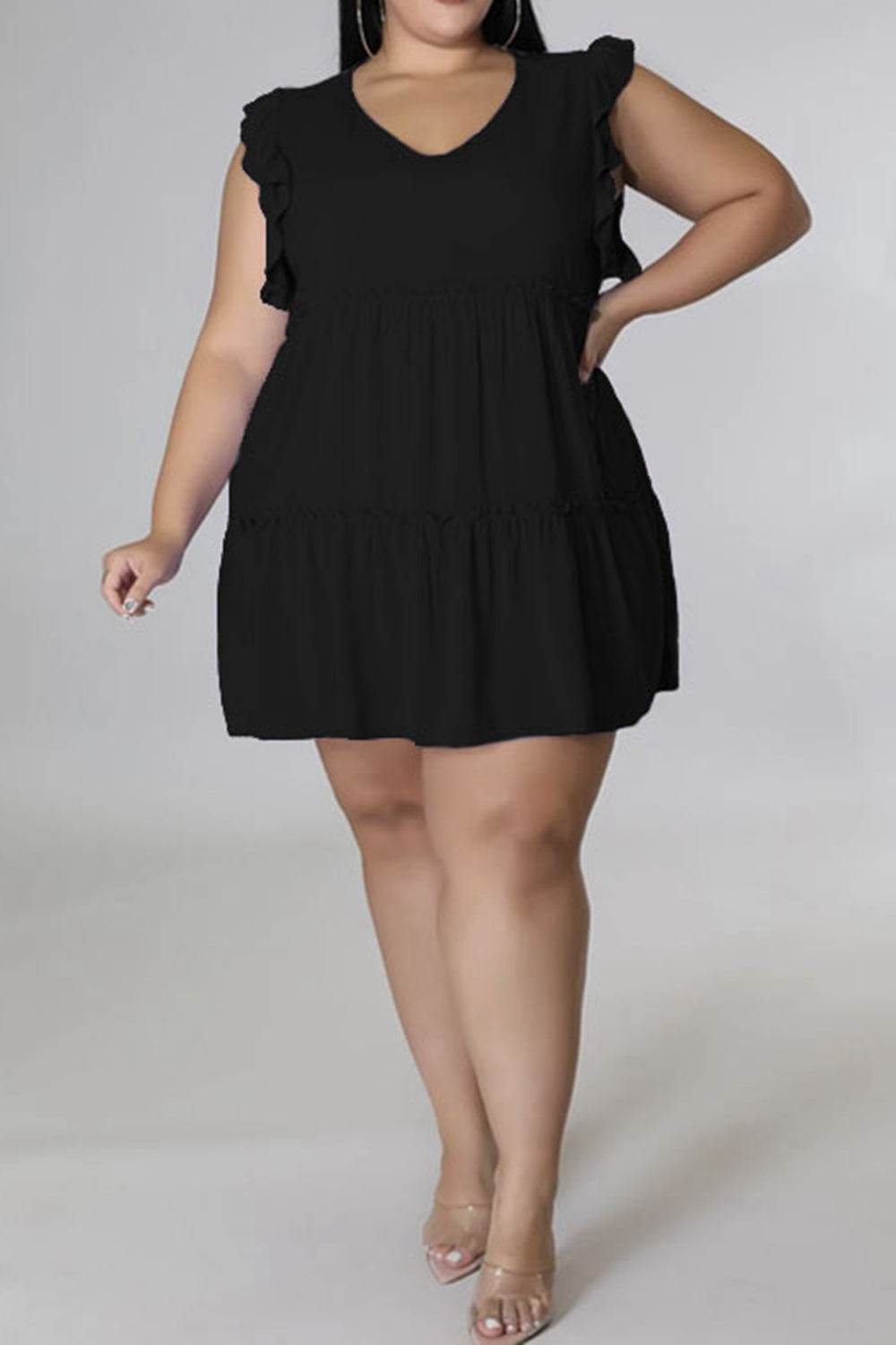 Plus Size V-Neck Frill Trim Mini Dress - Hovatok