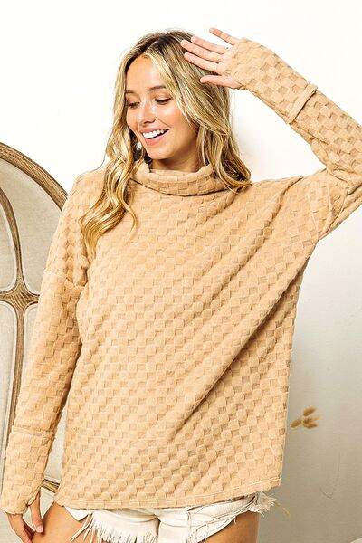 BiBi Checkered Round Neck Thumbhole Long Sleeve Top - Hovatok