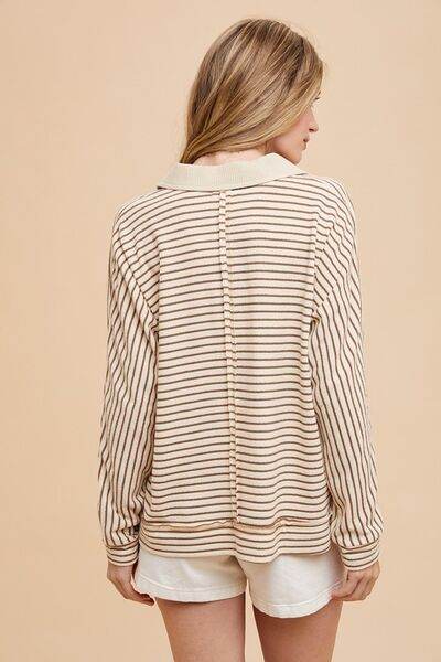 Annie Wear Striped Button Detail Long Sleeve Polo Top - Hovatok