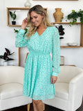 Double Take Full Size Printed Ruched V-Neck Long Sleeve Dress - Hovatok