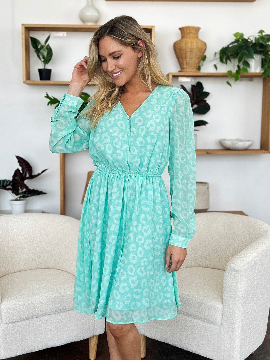 Double Take Full Size Printed Ruched V-Neck Long Sleeve Dress - Hovatok
