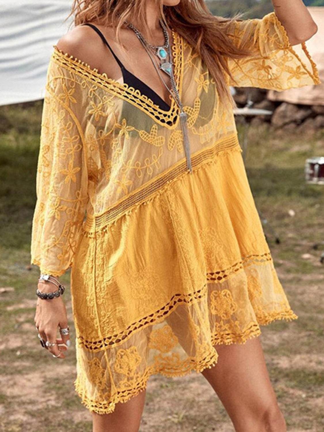 Lace Detail Plunge Cover-Up Dress - Hovatok