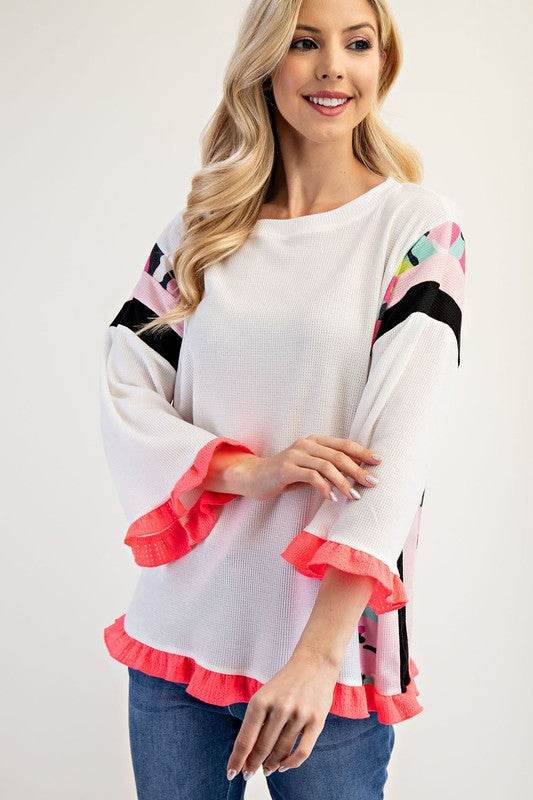 Celeste Full Size Ruffle Sleeve Color Block Top Plus Size - Hovatok