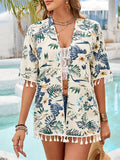 Tassel Printed Open Front Half Sleeve Cover-Up - Hovatok