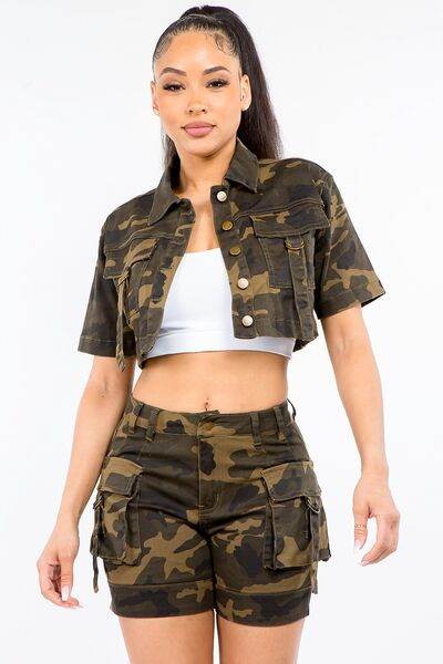 American Bazi Full Size Camouflage Short Sleeve Cropped Jacket - Hovatok