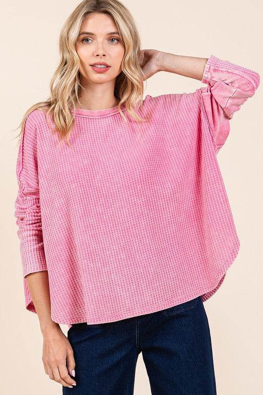 Mittoshop Waffle-Knit Exposed Seam Round Neck Top - Hovatok