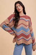 Annie Wear Multi Color Zig-Zag Round Neck Sweater - Hovatok