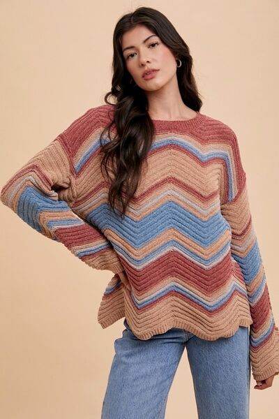 Annie Wear Multi Color Zig-Zag Round Neck Sweater - Hovatok