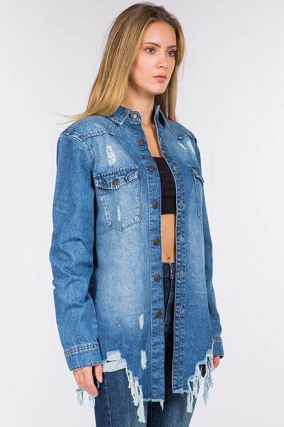American Bazi Distressed Frayed Hem Denim Jacket - Hovatok