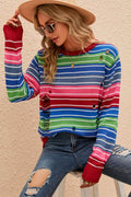 Striped Distressed Cutout Round Neck Sweater - Hovatok