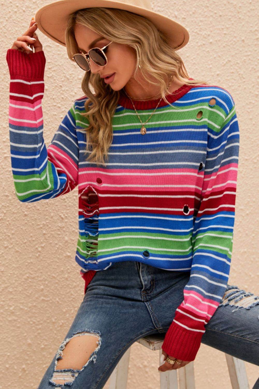 Striped Distressed Cutout Round Neck Sweater - Hovatok