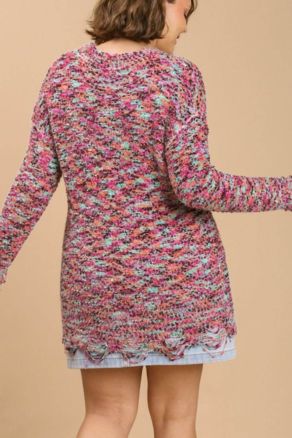 Umgee Full Size Distressed Hem Multicolored Round Neck Knit Tunic Dress Plus Size - Hovatok