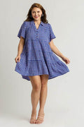 Umgee Full Size Gingham Tiered Button Detail Short Sleeve Dress Plus Size - Hovatok