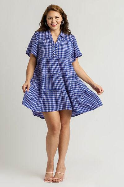 Umgee Full Size Gingham Tiered Button Detail Short Sleeve Dress Plus Size - Hovatok
