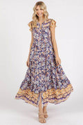 Mittoshop Floral Ruffled Notched Cap Sleeve Maxi Dress - Hovatok