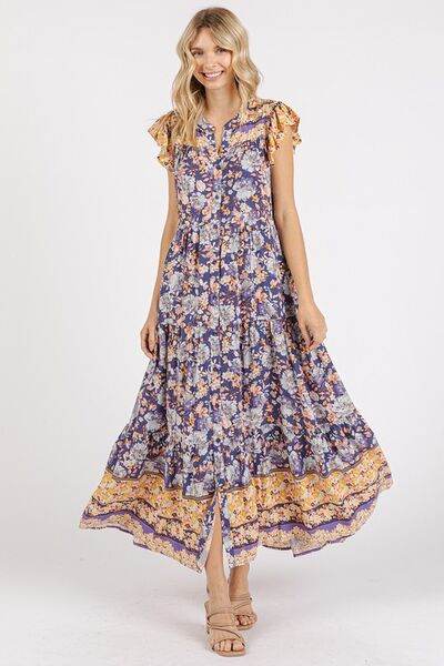 Mittoshop Floral Ruffled Notched Cap Sleeve Maxi Dress - Hovatok