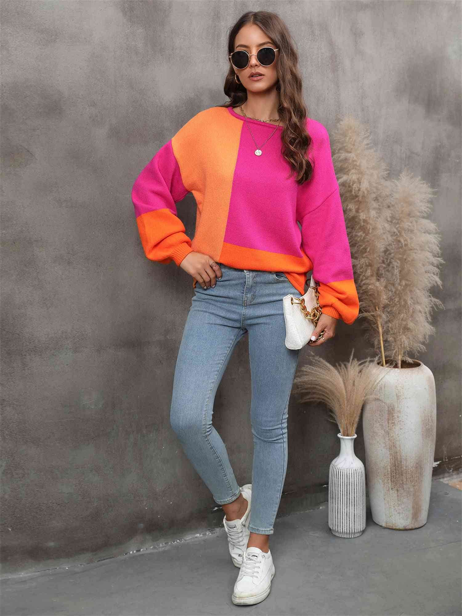 Angel Wings Color Block Round Neck Dropped Shoulder Sweater - Hovatok