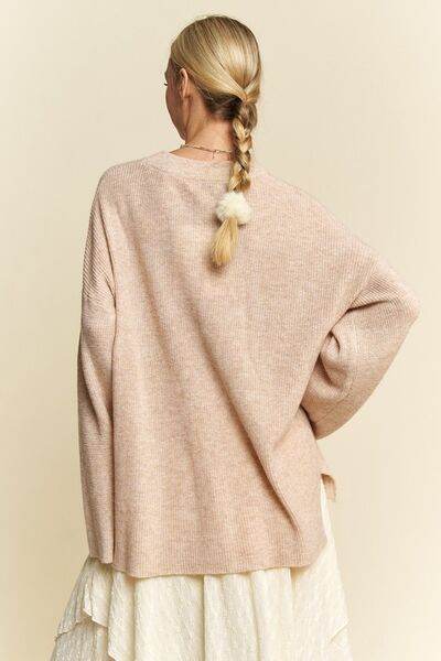 Davi & Dani High-Low Round Neck Drop Shoulder Sweater - Hovatok