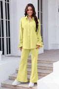 Drawstring Flounce Sleeve Shirt and Pants Set - Hovatok