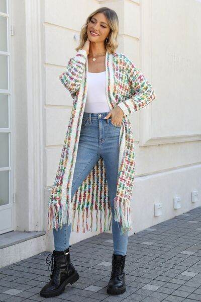 Angel Wings Full Size Multicolored Open Front Fringe Hem Cardigan - Hovatok