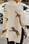 Animal Pattern Mock Neck Long Sleeve Slit Sweater - Hovatok
