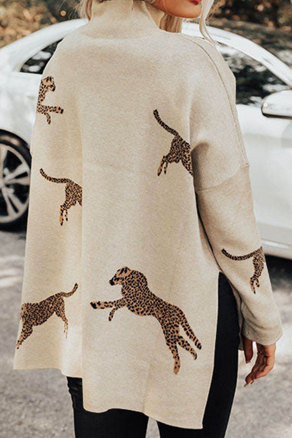 Animal Pattern Mock Neck Long Sleeve Slit Sweater - Hovatok